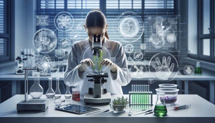 A scientist analyzing rosemary plants under a microscope in a UK research facility, with charts and graphs displayed on screens.