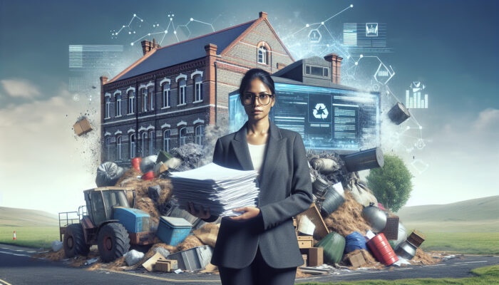 Individual holding council permits in front of a house filled with bulky items and hazardous waste, with a UK town hall in the background.