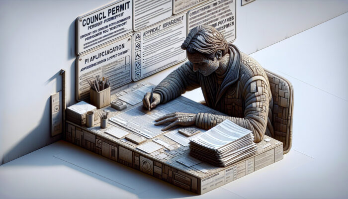 Individual filling out a council permit application form at a desk with documents and guidelines.