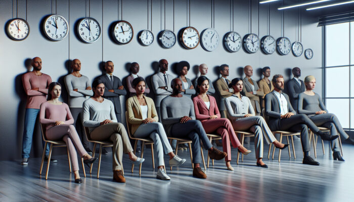 Diverse group waiting in an office with permit applications and clocks showing different times.