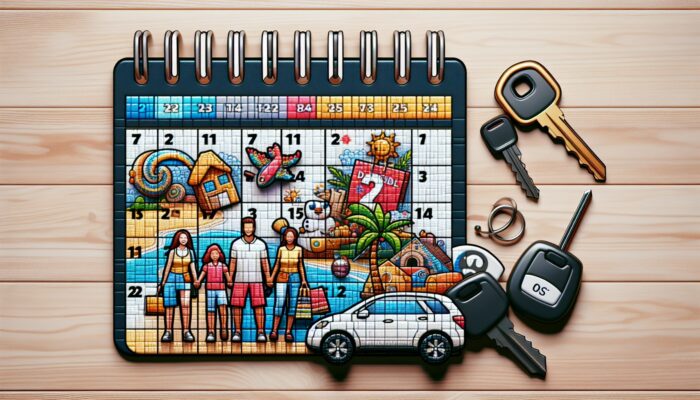 A calendar highlighting holiday dates alongside discount symbols, accompanied by car keys, travel brochures, and a family organizing their vacation.