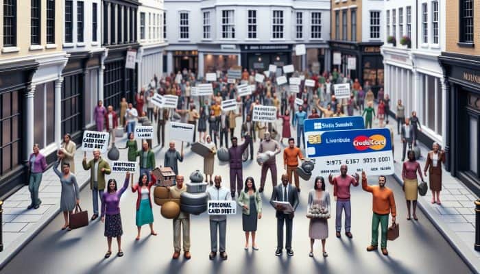 Explore Debt Options: A Guide | DCL Exploring the Varied Debt Options in the UK: A street scene with people holding credit cards, loans, and mortgages.