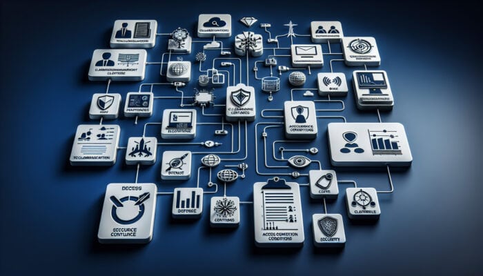 Infographic illustrating clearance levels in electronics, featuring icons for defence, telecommunications, and data centers along with a flowchart of access conditions and security protocols.