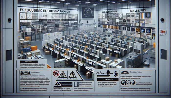 UK electronics facility displaying clear signage, protocols, and secure handling of sensitive equipment.