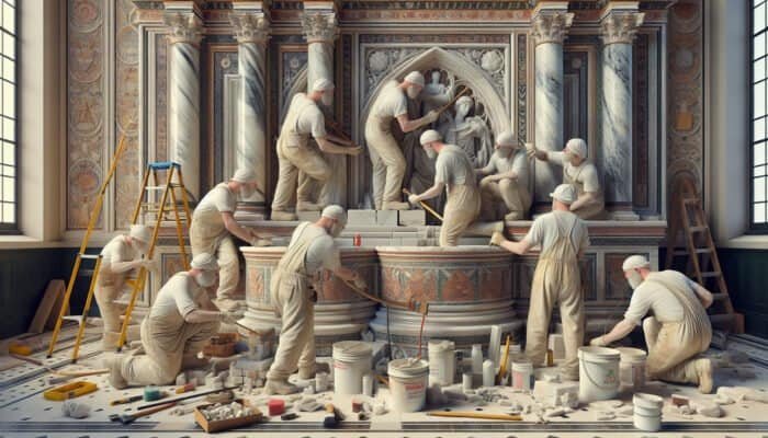 Workers employing traditional techniques to restore a historic UK building, thereby preserving its authenticity and historical context.