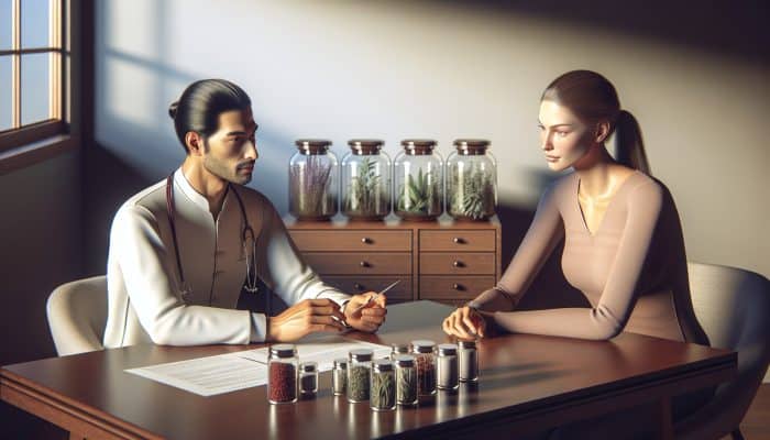 Cost of Acupuncture for Women: A serene acupuncture clinic with a practitioner crafting a personalized treatment plan for a patient.