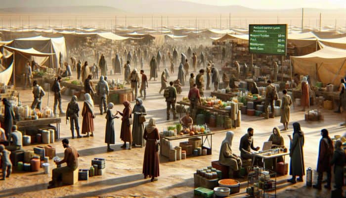 A post-apocalyptic marketplace with people bartering food, tools, and medical supplies in a barren landscape.