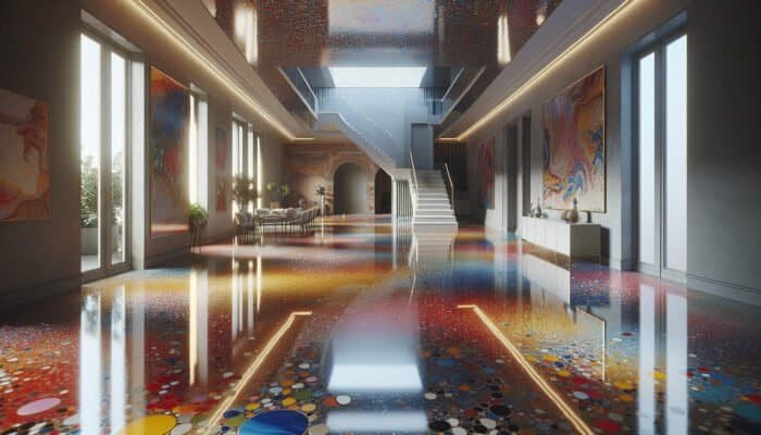 A radiant, recently polished terrazzo floor in a Buckinghamshire home, enhancing the room's visual appeal.