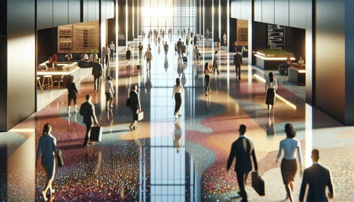 Polished terrazzo floor in a Buckinghamshire lobby, reflecting light, demonstrating durability and aesthetic appeal with people walking.