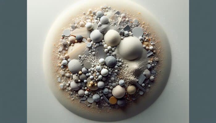 Ultra-fine limestone particles mixed with minerals and abrasives for high-shine polishing powder.