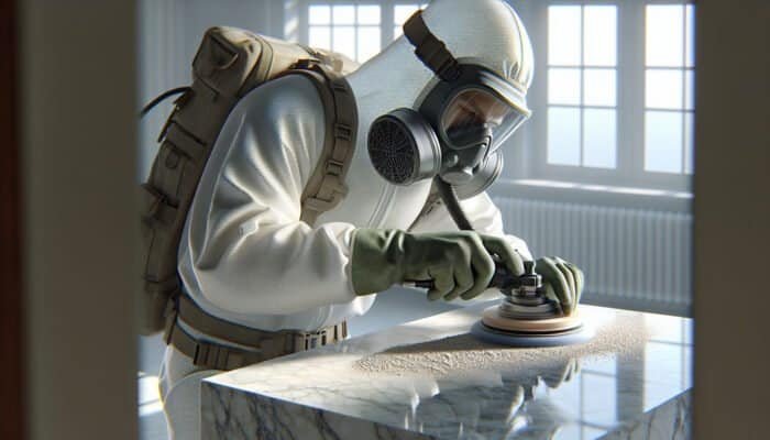 Person using protective gear while polishing limestone with powder in a well-ventilated space for a glossy finish.