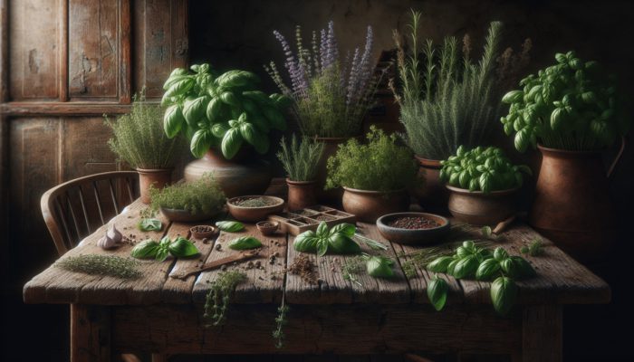 A rustic kitchen setting with fresh basil, rosemary, and thyme artfully arranged on a wooden table.