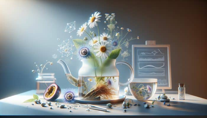 A tranquil herbal tea setup featuring chamomile, valerian root, and passionflower, promoting relaxation and restful sleep.