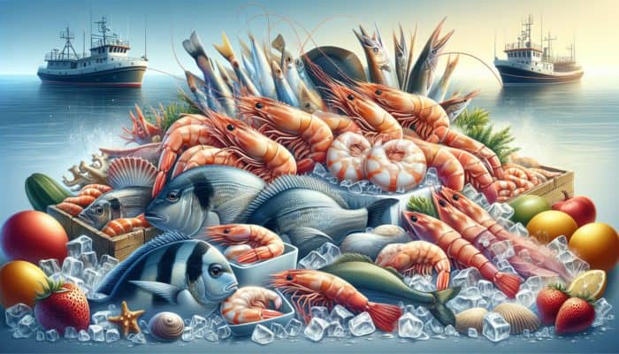 Fresh seafood like shrimp and fish on ice, showcasing their firm texture and ocean-fresh scent, perfect for tempura.