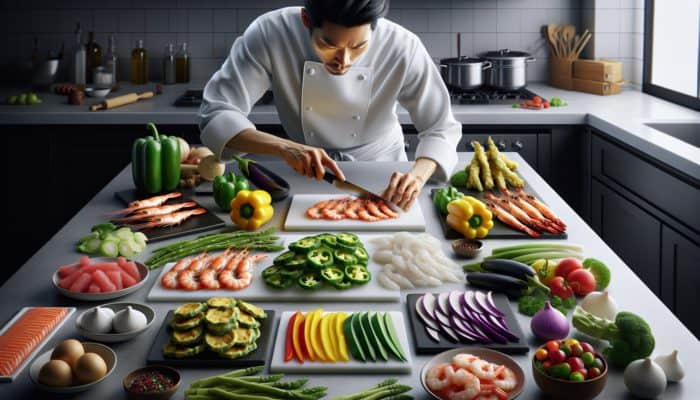 A chef meticulously preparing seafood and vegetables for tempura, showcasing clean cuts and vibrant colors on a counter.