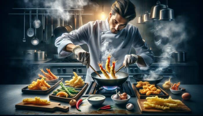 A chef frying cold seafood and vegetables, showcasing the steam and crispy tempura batter.