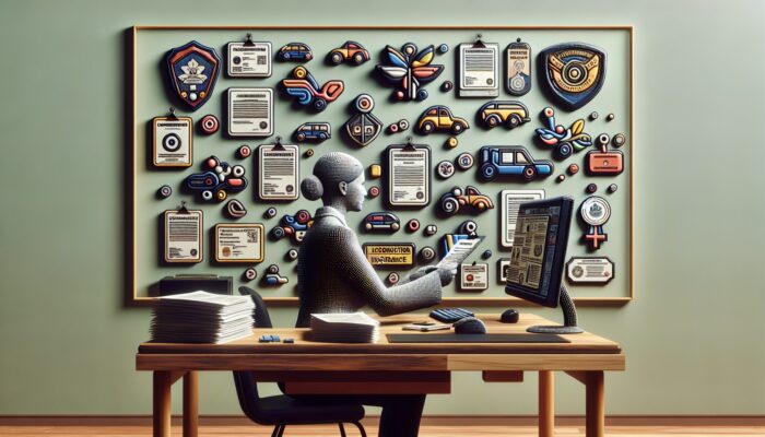 A person verifying the car rental company's licensing and insurance on a computer, with official documents on the wall.