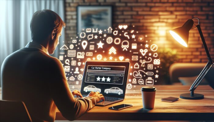 Person reviewing car rental company ratings on a laptop in a cozy home office with coffee.