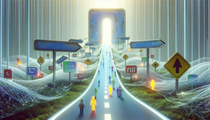 Utilizing 301 Redirects for Link Equity: A visual representation of a digital journey from an outdated URL to a new one, depicting seamless transitions for search engines and users.