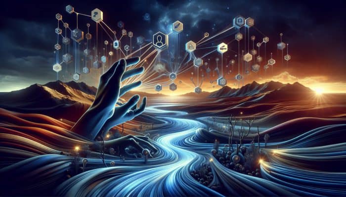 Hands reaching for luminous streams of light symbolizing link equity within a digital environment.