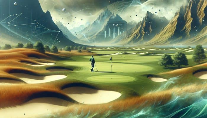 Golfer on Fancourt's Links course with Scottish terrain, contrasted by lush Montagu Course with mountain views.