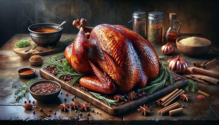 A beautifully smoked turkey garnished with herbs and spices, glistening with moisture in a rustic kitchen setting.