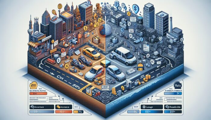 Infographic comparing base rental rates for compact cars in urban areas and luxury vehicles in remote locations, including insurance and roadside assistance.