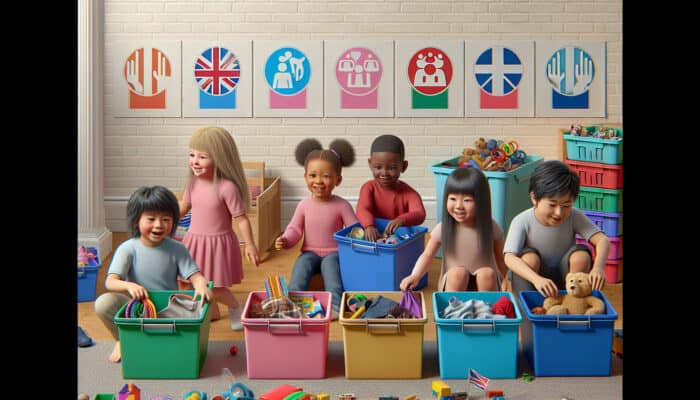 Clearing a UK Home with Kids Greenly: Children sorting toys and clothes into colorful bins for a family donation day, with UK charity logos.