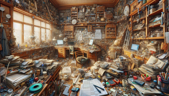 In-depth evaluation of a cluttered house, assessing large furniture and accumulated items, strategizing clearance with the right tools.