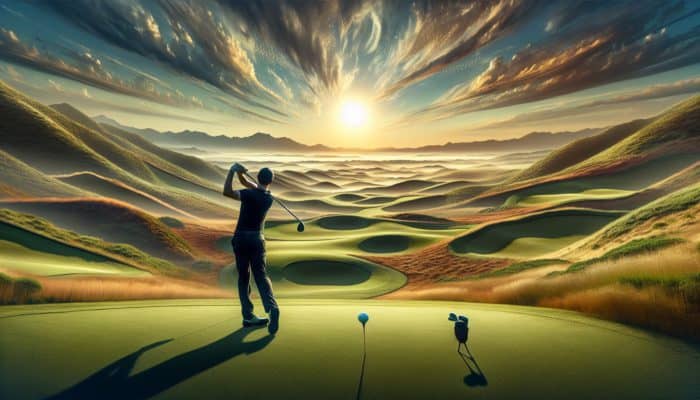 Golfer at Fancourt, South Africa, showcasing a wide stance for stability and control on undulating fairways.