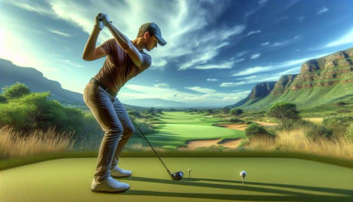 Golfer at Arabella Golf Club aligning body parallel to the target line, adjusting stance against wind.