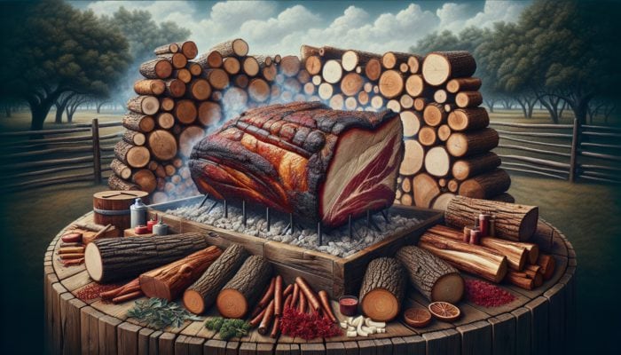Different oak logs (white, red, live) surrounding a smoking brisket in a rustic pit under a clear sky.