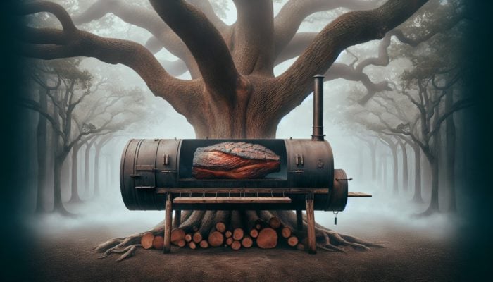 Hickory tree in a smoky forest, wood fueling a rustic smoker for robust brisket.