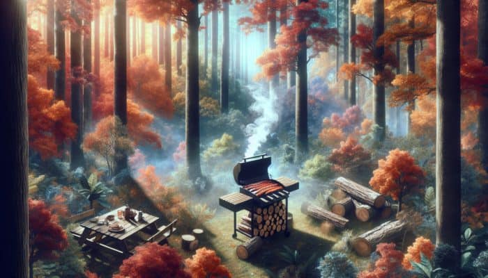 A vibrant Southeast US forest showcasing autumn hickory trees and a rustic barbecue using hickory logs.