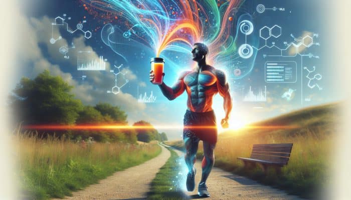 Trending Pre-Workouts: Individual entering gym with a trail visible, holding pre-workout drink, caffeine molecules swirling, enhancing energy and alertness.