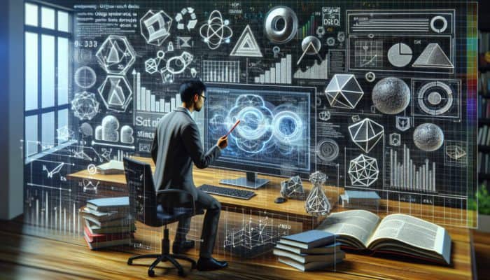 Utilizing Original Research for Backlink Attraction: A digital marketer analyzing data visualizations on a screen, surrounded by research materials, enhancing SEO credibility.