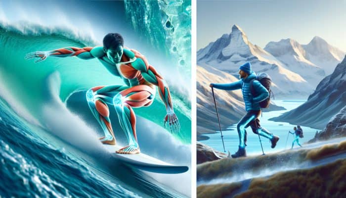 Athlete surfing in Hawaii and hiking the Alps, with blue-highlighted tendons and ligaments, symbolizing Type I collagen support for joint health.