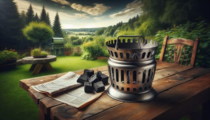 A steel chimney starter on a wooden table in a backyard, surrounded by greenery and distant state park views.