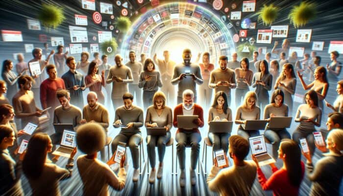 Utilizing Customer Narratives for E-Commerce SEO: Diverse group of satisfied customers sharing shopping experiences on an e-commerce site, enhancing SEO.