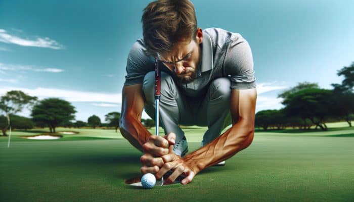 Strategies to Overcome Golf Yips: A South African golfer on a green course, visibly struggling with yips, reflecting frustration and loss of confidence.