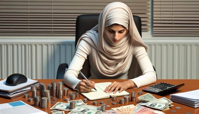 Individual at a desk outlining financial objectives for debt consolidation, surrounded by bills.