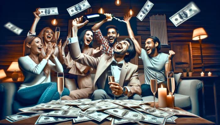 Individual celebrating debt milestone with champagne, surrounded by settled bills and joyful friends in a cozy living room.