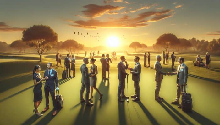 A tranquil golf course at sunset where business professionals connect and exchange business cards.