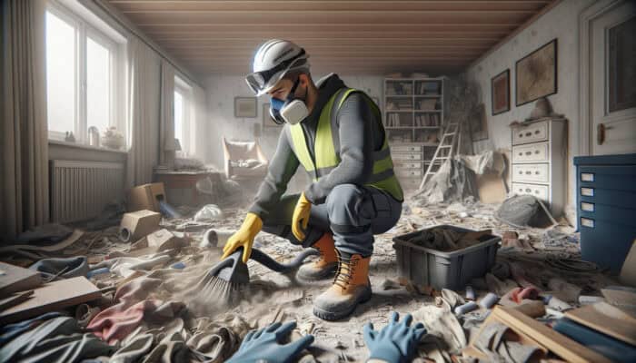 House clearance worker in full protective gear clearing a dusty, cluttered room.