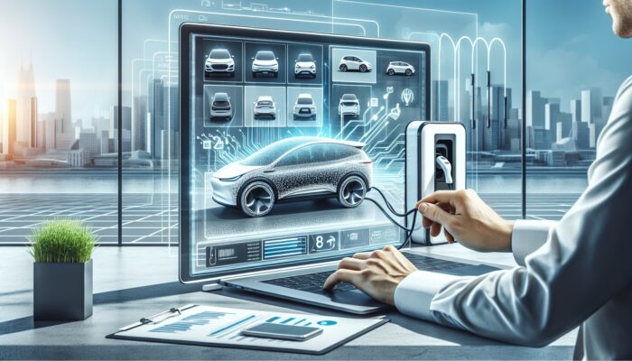 Individual completing EV rental on a laptop, showcasing EV models on the screen, charging station, and city skyline.