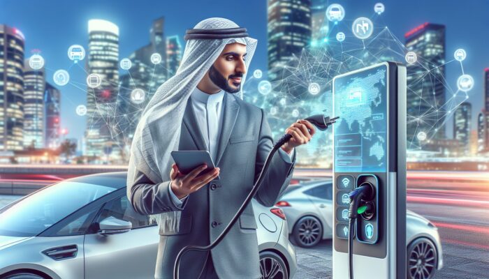 Individual utilizing a touchscreen to locate charging stations for an electric rental vehicle in an urban environment.