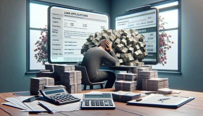 A stressed individual at a cluttered desk with loan forms, calculator, and bank logos displayed on the computer.