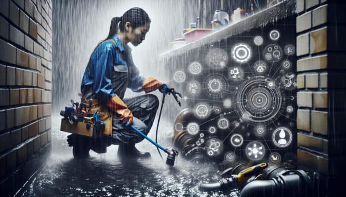 Drain Services in North Vancouver: A skilled plumber in North Vancouver meticulously cleaning a residential drain system during heavy rainfall to avert clogs and backups.