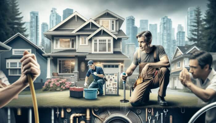 A North Vancouver homeowner observes as a plumber repairs a drain, ensuring financial security and preventing future costly damages.
