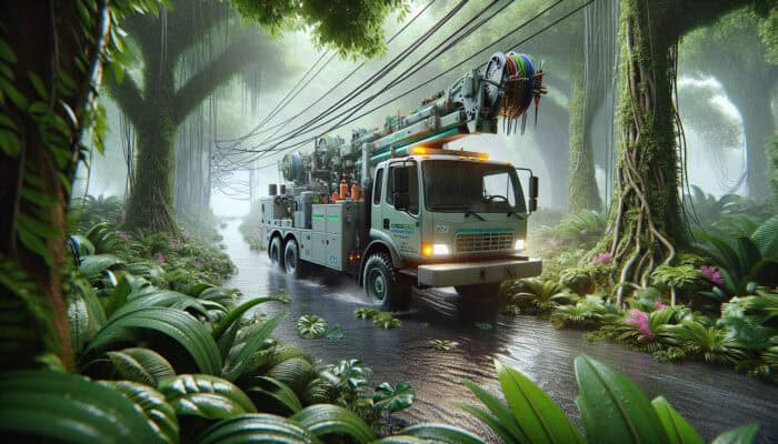 A North Vancouver drain service truck navigating through lush vegetation on a rainy day with specialized equipment.